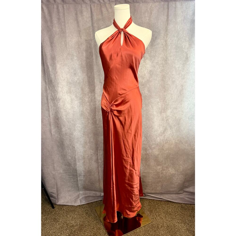 ABS  Formal Halter Keyhole Gown Satin-Style Rust Prom Gala Dress - Picture 3 of 11